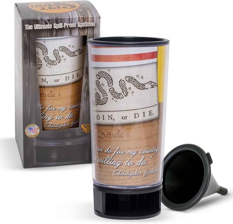 Spit Bud Join or Die The Ultimate Spittoon for Chew - Portable Dip & Snuff Cup with Lid, Pop Tab, Spill-Proof Funnel, Can Cutter & Holder - Fit in Cup Holders - Holds 8oz - Made in USA - Image 1
